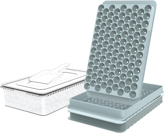 Mini Ice Cube Trays, 0.55” Tiny Pebble Ice for Iced Coffee & Cocktails, Fast Chill, Easy Twist Release, Stackable with Lid & Storage Bin (2 Pack, Blue)