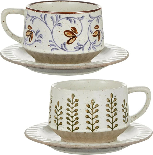2 Sets Vintage Tea Cup and Saucer Set Floral Tea Cup with Saucer 10Oz Porcelain Vintage Coffee Mugs for Spring Party Birthday Gift Coffee (Leaves and Tang Grass Design)