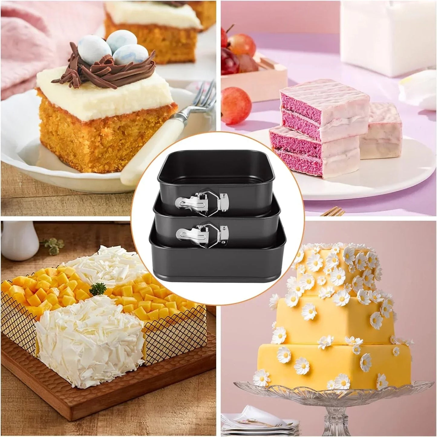 Non-stick square cake pans with clasp, perfect for baking layered cakes, sheet cakes, and desserts