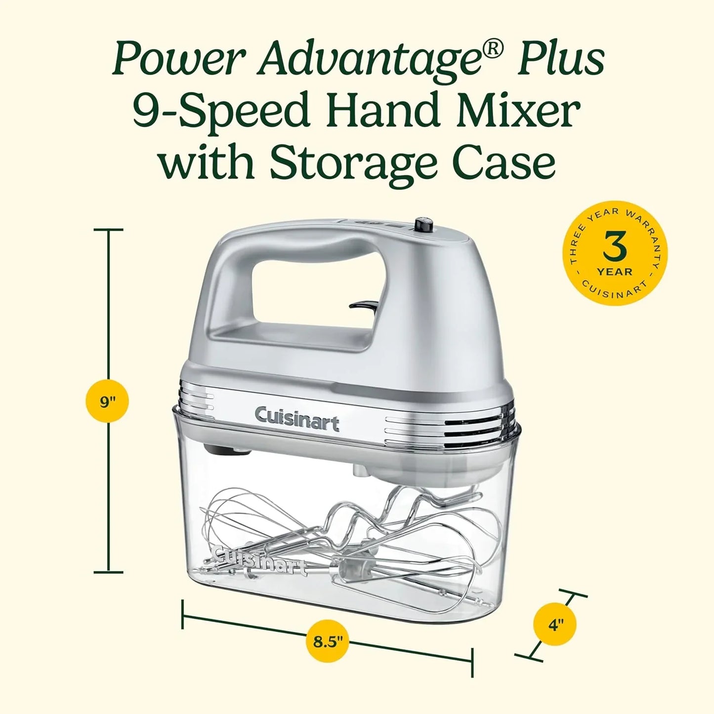 Power Advantage plus 9-Speed Hand Mixer, 220W Motor, Electric Mixer with Dishwasher-Safe Beaters, Storage Case, HM-90BCS, Brushed Chrome