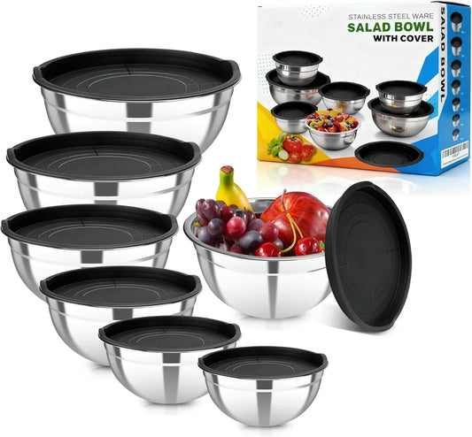 Stainless Steel Mixing Bowls with Lids Set, 7 Pcs Nesting Design Metal Mixing Bowls Salad Bowl for Kitchen Cooking, Baking, Prepping and Serving Food (Size 0.7, 1.1, 1.5, 2.1, 3.5, 4, 4.5QT)