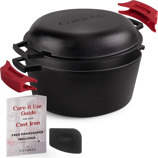 Cast Iron Dutch Oven 7-Quart - Pre-Seasoned 2-In-1 Deep Pot Multi-Cooker - Combo Lid Doubles as 12" Skillet Frying Pan + Silicone Handle Covers + Scraper/Cleaner - Indoor/Outdoor Cookware