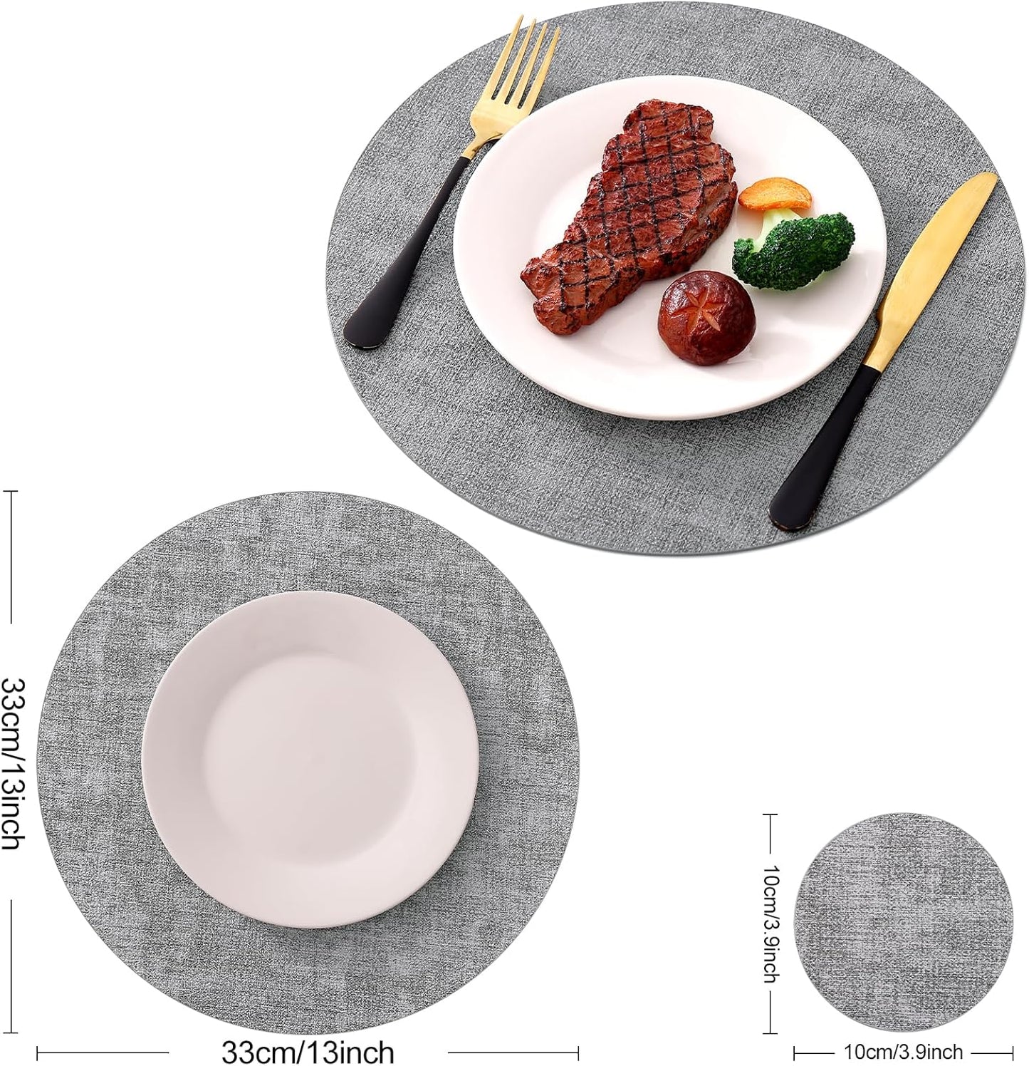 round Faux Leather Placemats and Coasters, Washable Dual-Side Table Mats, Wipeable Heat-Resistant Dining Place Mats for Outdoor and Indoor, Set of 6, Diameter 13 and 3.93 Inch, Light Grey