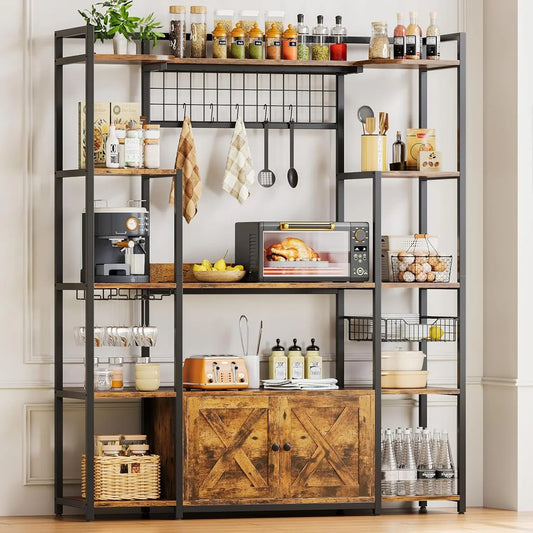 Bakers Rack with Power Outlet, 54.7 Inch Coffee Bar Cabinet, Kitchen Bakers Rack with Storage, Microwave Stand with Shelves, Globlet Holder and 5 Hooks, Vintage Brown