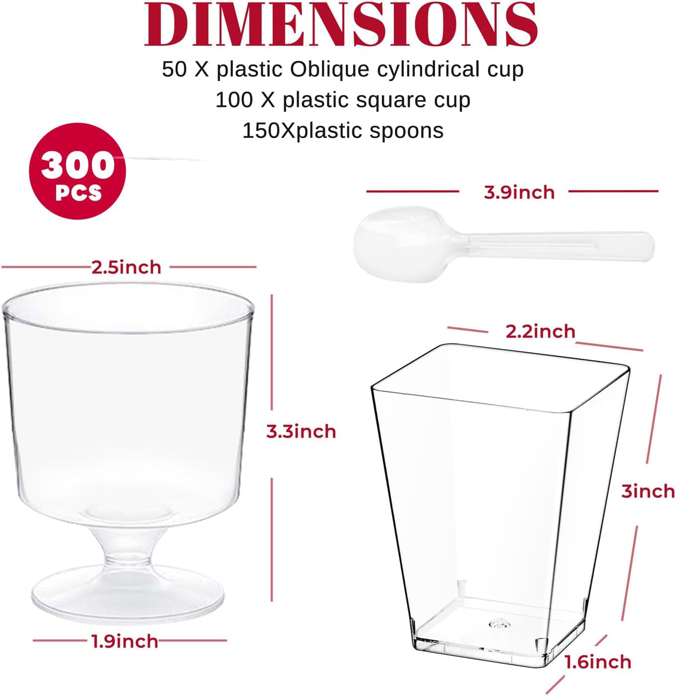 300 Pack Clear Plastic Dessert Cups(5 Oz),Disposable Parfait Cups for Pudding, Fruit and Ice Cream,Mini Shooter Cups with Spoons for Party,Appetizer Cups