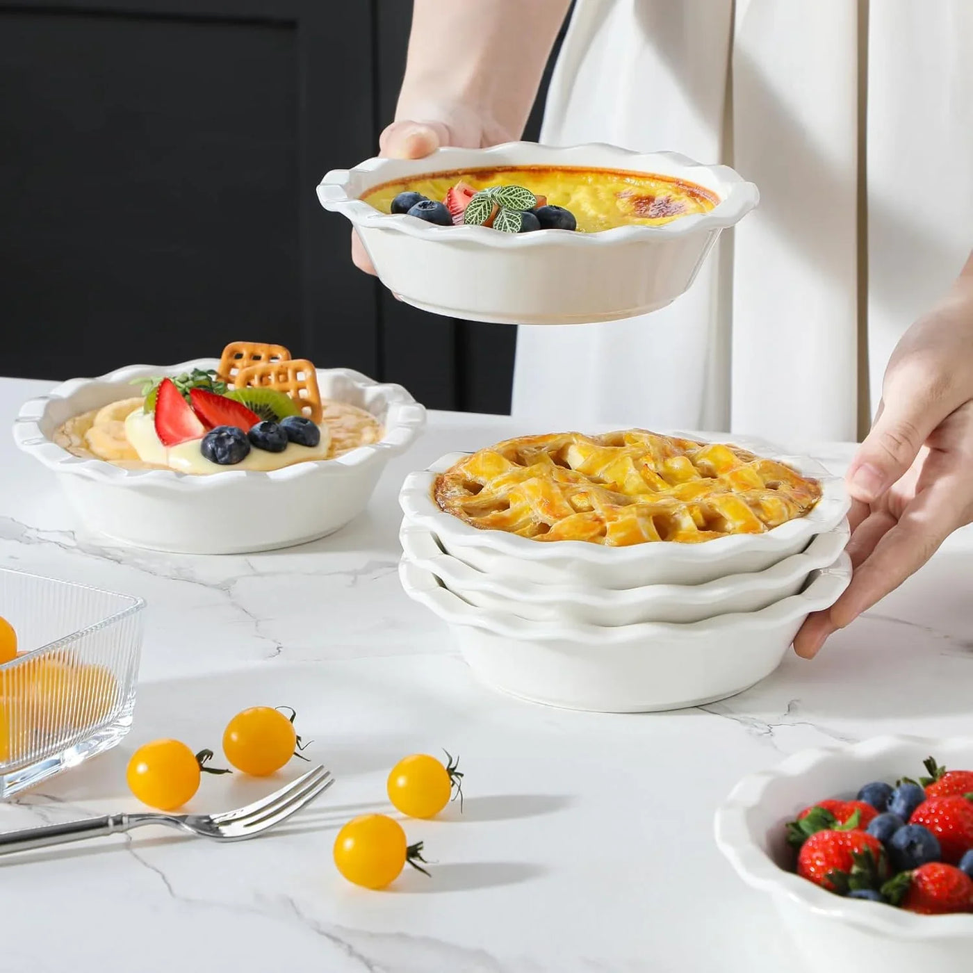 Ceramic Mini Pie Pans Set of 6, 6 Inch Pie Plates for Baking with Ruffled Edge, Small Quiche Baking Dish Pans Tart Pans, Individual Pot Pie Plates, Microwave & Oven Safe, White