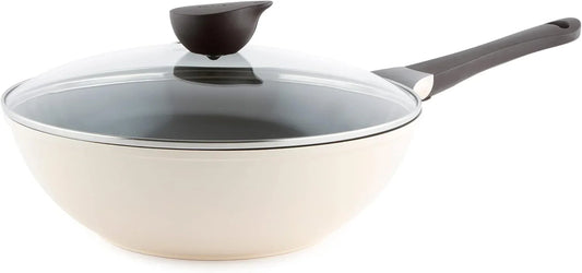 Eela 12'' Non Stick Chef'S Wok with Glass Lid, Stir Fry Pan and Pofa-Free Ceramic Coating for Cooking Saute Vegetables, Meat, Fish, 12 Inch, Ivory (Handle Assemble Required)