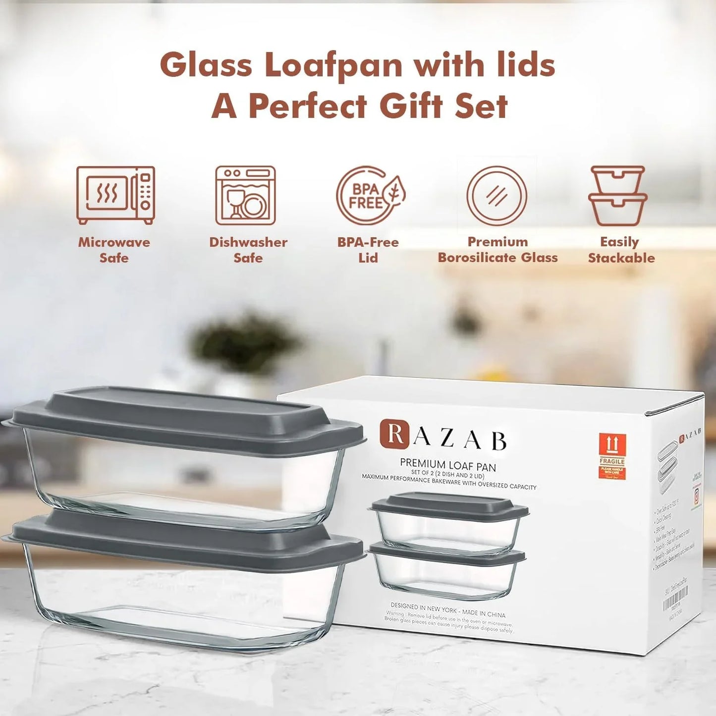 LARGE 7.6 Cups/1800 ML/1.9 Qt Glass Loaf Pan with Lids (Set of 2) - Meatloaf Pan BPA Free Airtight Lids Grip Handle Easy Carry, Microwave and Oven Safe - Loaf Pans for Baking Bread, Cakes