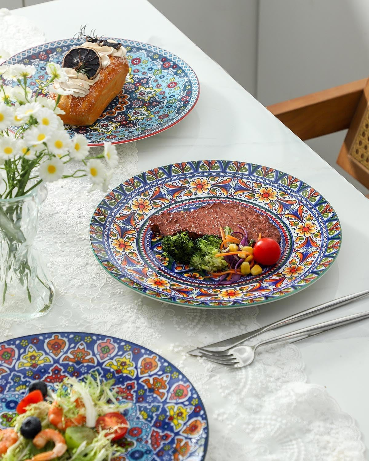 Dinner Plate Set of 4, 10.5 Inch Porcelain Plates for Kitchen, Large Salad Plates for Steak, Dishes Set for Restaurant, Microwave, Oven & Dishwasher Safe for Christmas Gift, Bohemian