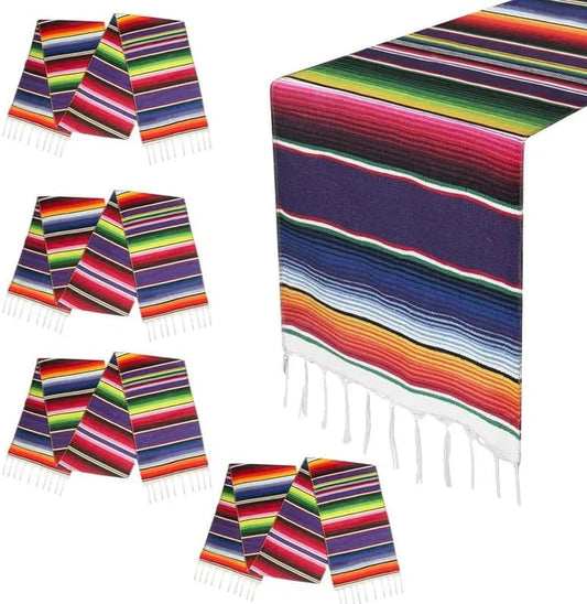 Mexican Table Runner for Cinco De Mayo Decorations 4 Pcs 14" X 108" Hand Woven Serape Table Runner Fringe Cotton Mexican Fiesta Table Runner for Outdoors Wedding & Taco Tuesday Decor