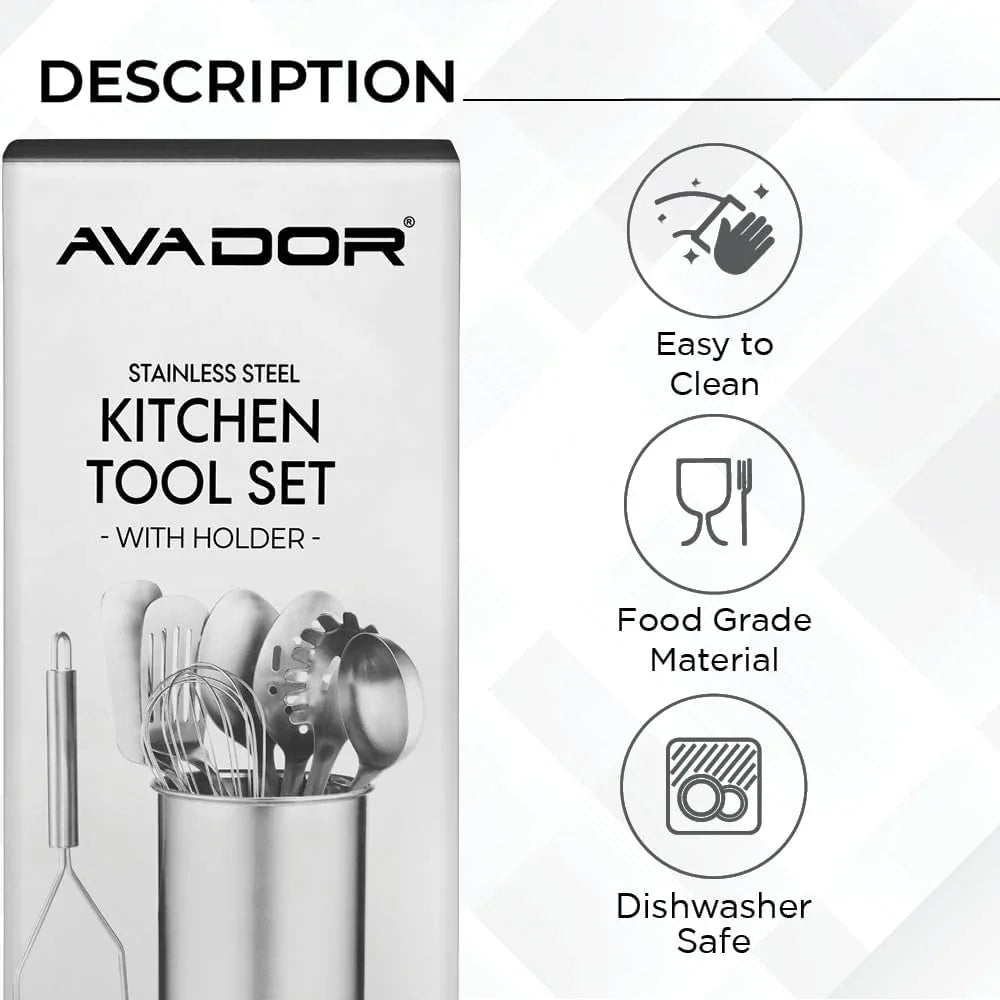 ® Premium Set of 10 Stainless Steel Kitchen Tool Set with Holder Easy to Clean, Space Saving, Great for Cooking, Baking, Prepping