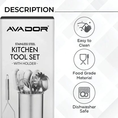 ® Premium Set of 10 Stainless Steel Kitchen Tool Set with Holder Easy to Clean, Space Saving, Great for Cooking, Baking, Prepping