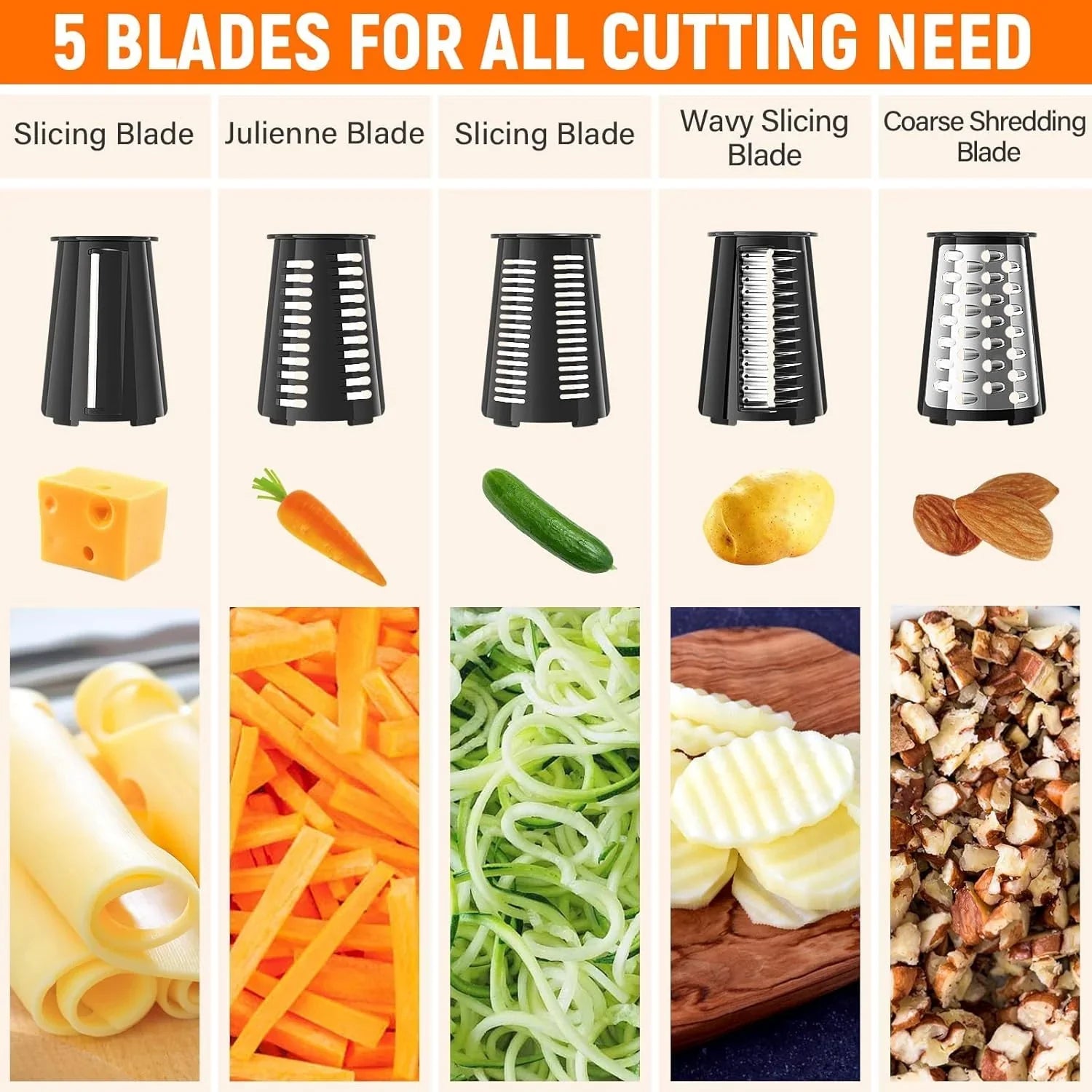 Rotary Cheese Grater Hand Crank, with 5 Blades for Chopper Shredder Spiralizer Slicer for Vegetable Cheese Fruit, Food Chopper for Kitchen with Blades Storage Box & Suction Base (Black)