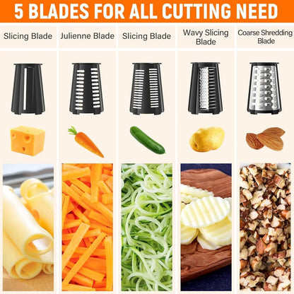 Rotary Cheese Grater Hand Crank, with 5 Blades for Chopper Shredder Spiralizer Slicer for Vegetable Cheese Fruit, Food Chopper for Kitchen with Blades Storage Box & Suction Base (Black)