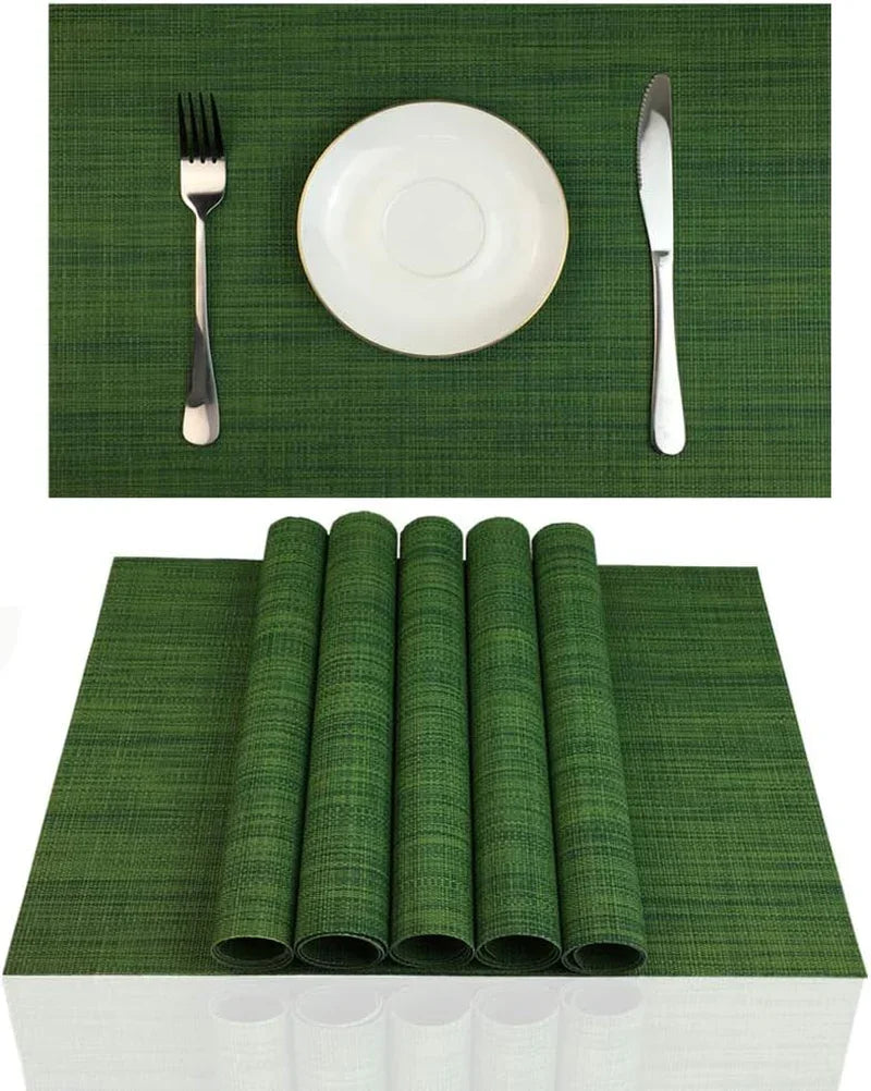 Placemats Set of 6 for Dining Table Stain Resistant Washable PVC Kitchen Table Mats Woven Vinyl Wipeable Table Placemat,Easy to Clean(Algae Green)