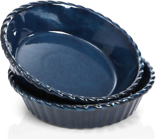 2 Pack Ceramic Pie Pans, 10 Inch Deep Fluted Pie Plate, 54 Ounce round Baking Dish for Quiche, Apple Pecan Pie, Pot Pie, Blue