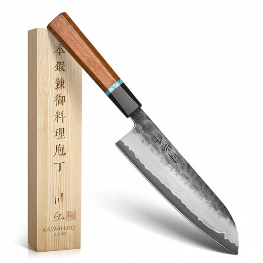 Japanese Knife, 7" Hand Forged VG10 Santoku Chef Knife with Elegant Octagonal Handle, Lightweight 180G for Effortless Control, Razor Sharp for Meat, Fish & Veggies, Premium Wooden Gift Box