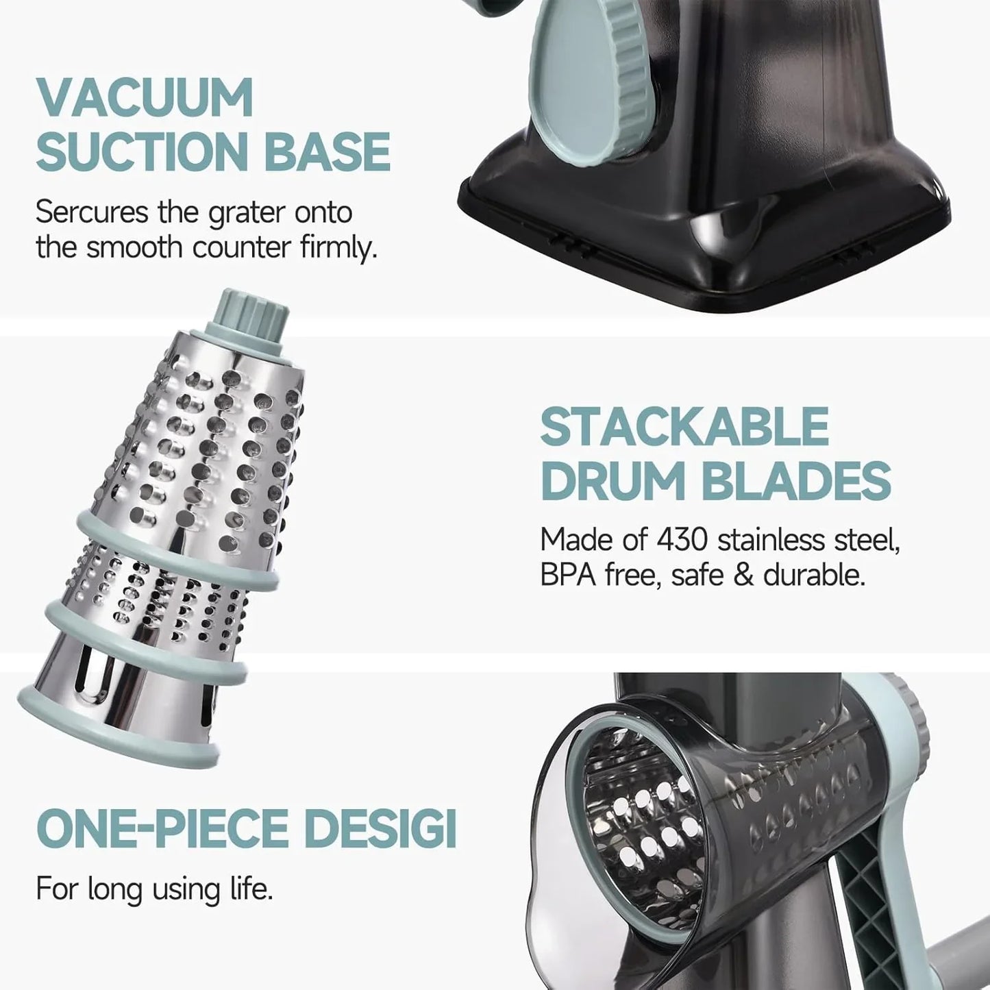 Rotary Cheese Grater with Handle Kitchen Shredder Slicer Grater Slicer Ice Shaver Cheese Vegetable Nuts Potato Zucchini Chocolate 3 Interchangeable Blades (Greyblue