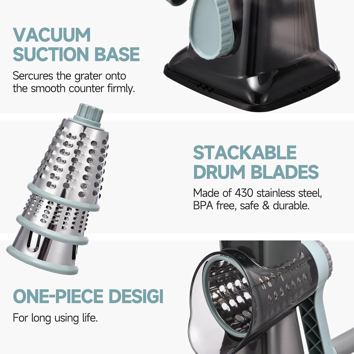 Rotary Cheese Grater with Handle Kitchen Shredder Slicer Grater Slicer Ice Shaver Cheese Vegetable Nuts Potato Zucchini Chocolate 3 Interchangeable Blades (Greyblue