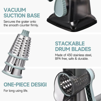 Rotary Cheese Grater with Handle Kitchen Shredder Slicer Grater Slicer Ice Shaver Cheese Vegetable Nuts Potato Zucchini Chocolate 3 Interchangeable Blades (Greyblue