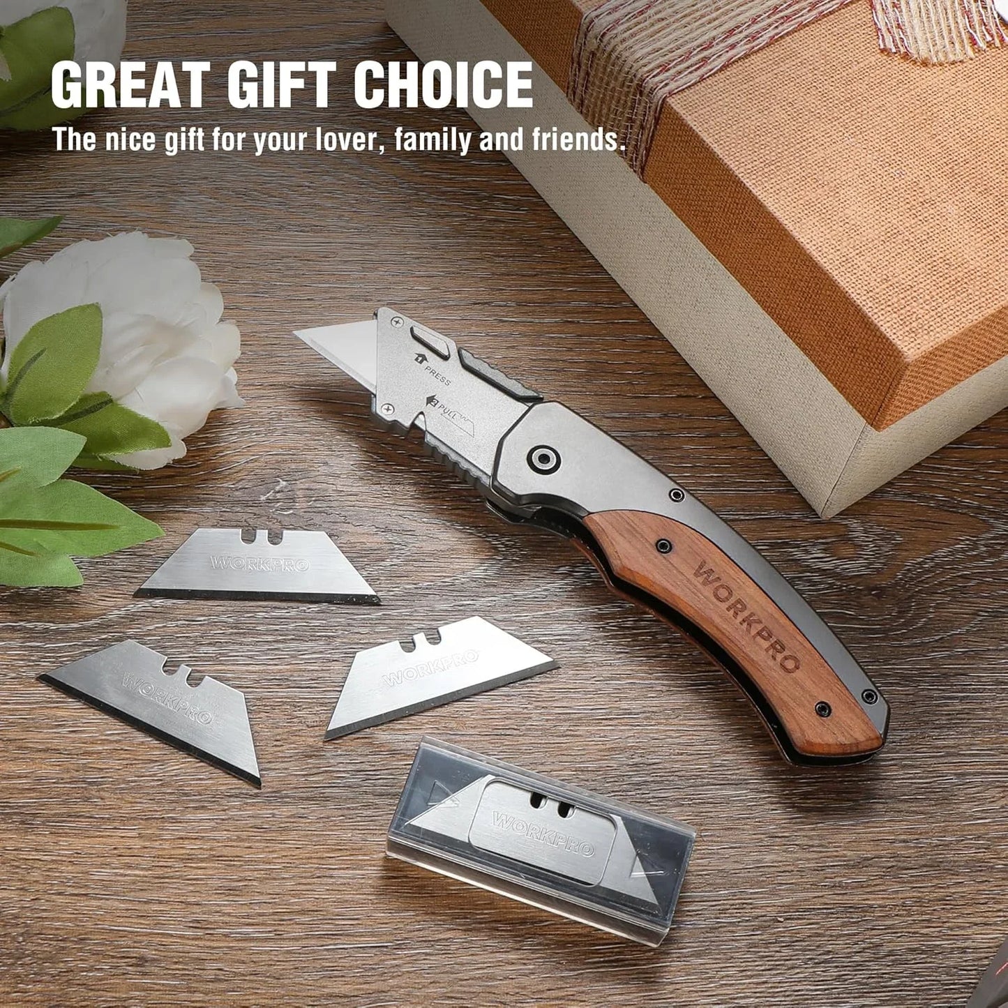 Folding Utility Knife, Quick-Change Box Cutter with Stainless Steel Head & Liner Lock, Wood Handle Razor Knife and Extra 10PC SK5 Blades