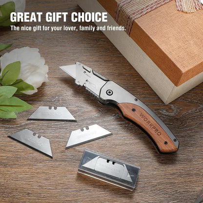 Folding Utility Knife, Quick-Change Box Cutter with Stainless Steel Head & Liner Lock, Wood Handle Razor Knife and Extra 10PC SK5 Blades