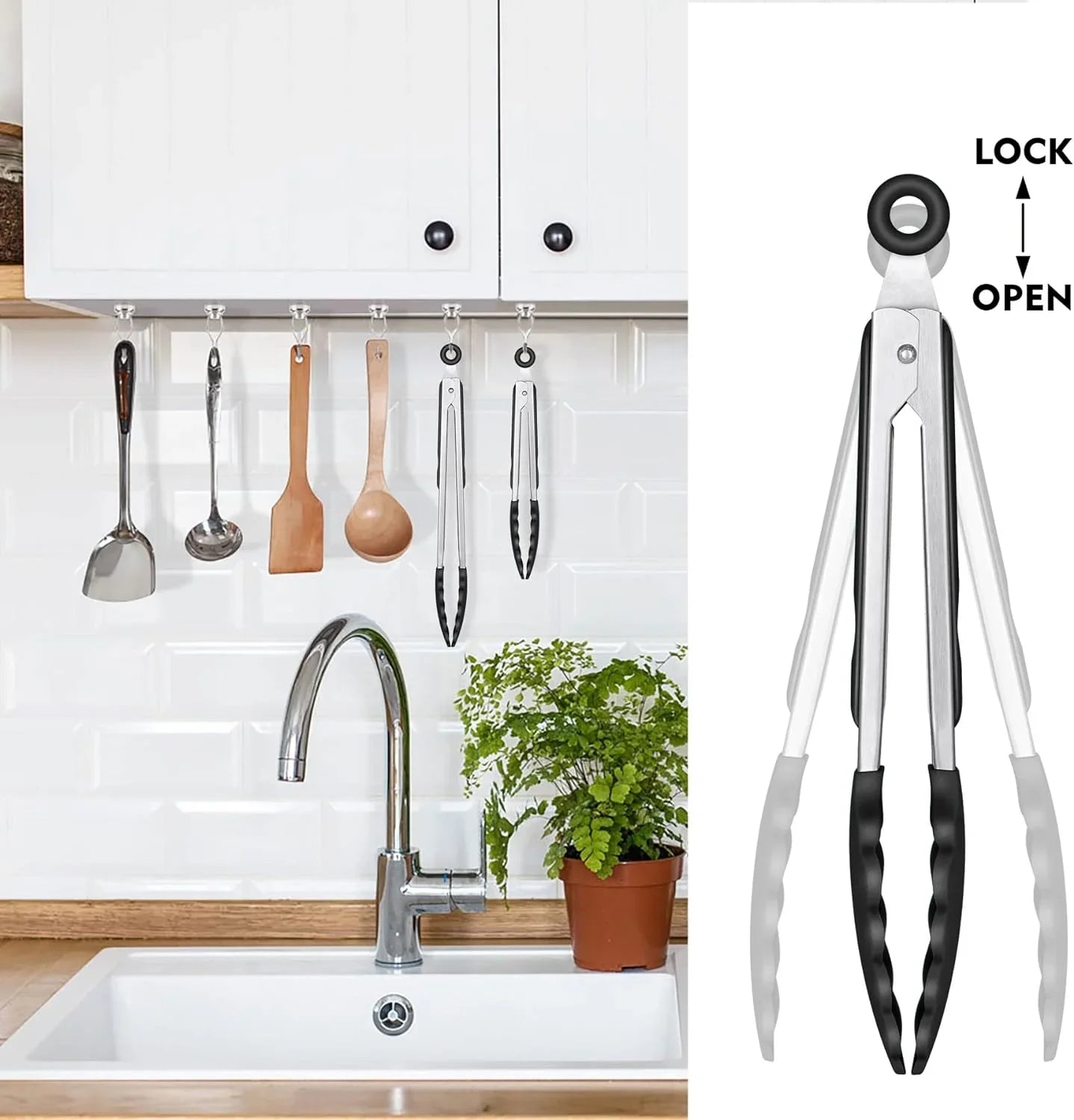 Premium Stainless Steel Locking Kitchen Tongs with Silicon Tips, Heat Resistant Cooking Tongs Set of 3-7", 9" and 12" (Black)