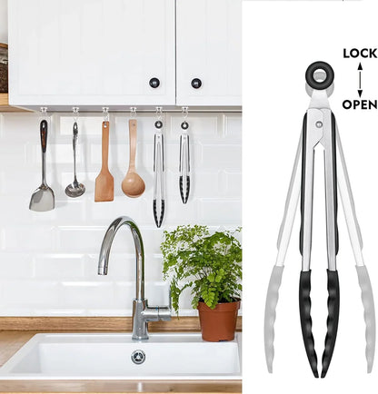 Premium Stainless Steel Locking Kitchen Tongs with Silicon Tips, Heat Resistant Cooking Tongs Set of 3-7", 9" and 12" (Black)