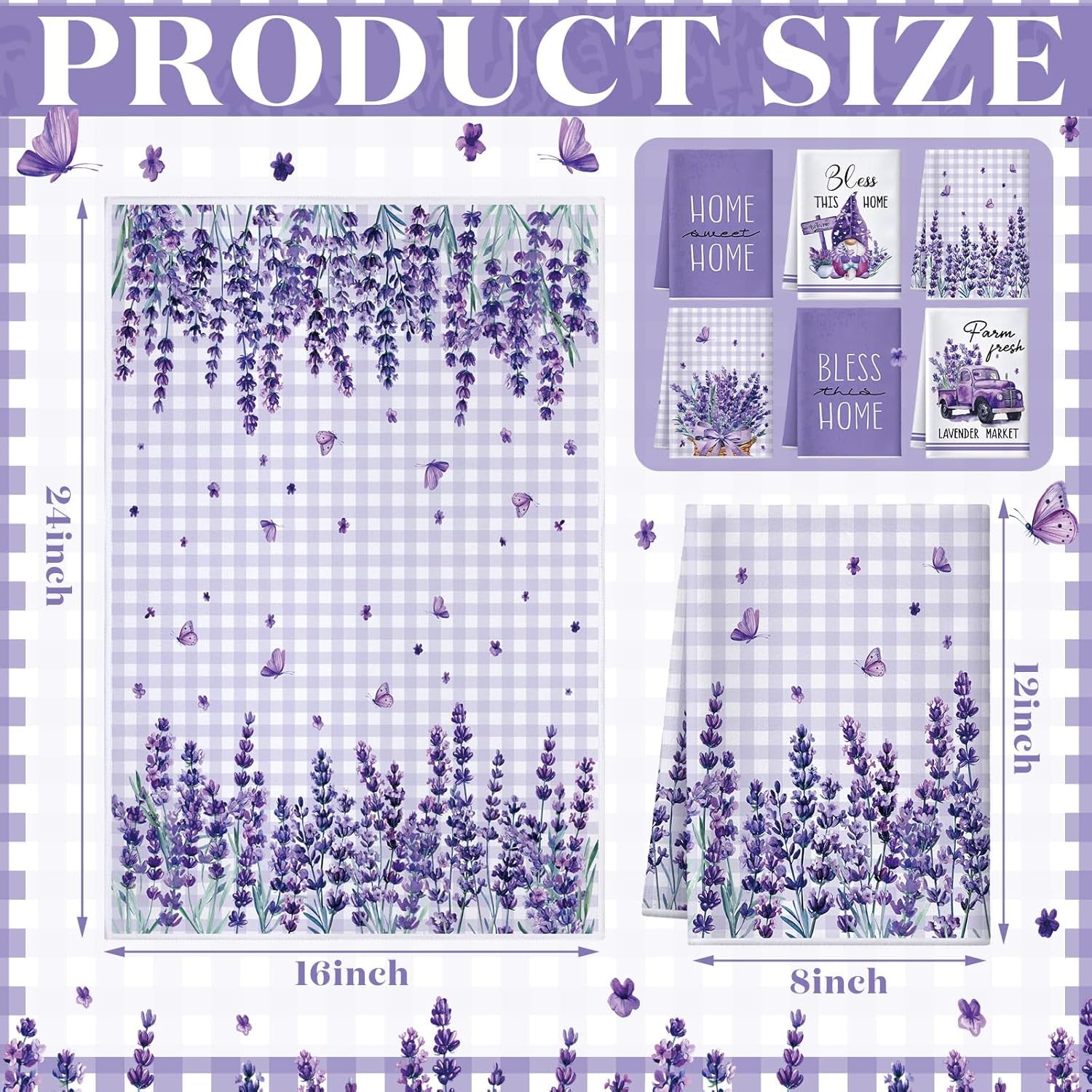 6 Pcs Lavender Summer Kitchen Towel Set Funny Housewife Farmhouse Rustic Bath Hand Towel for Holiday Bathroom Gift, 24 X 16 Inches(Purple,Lavender)
