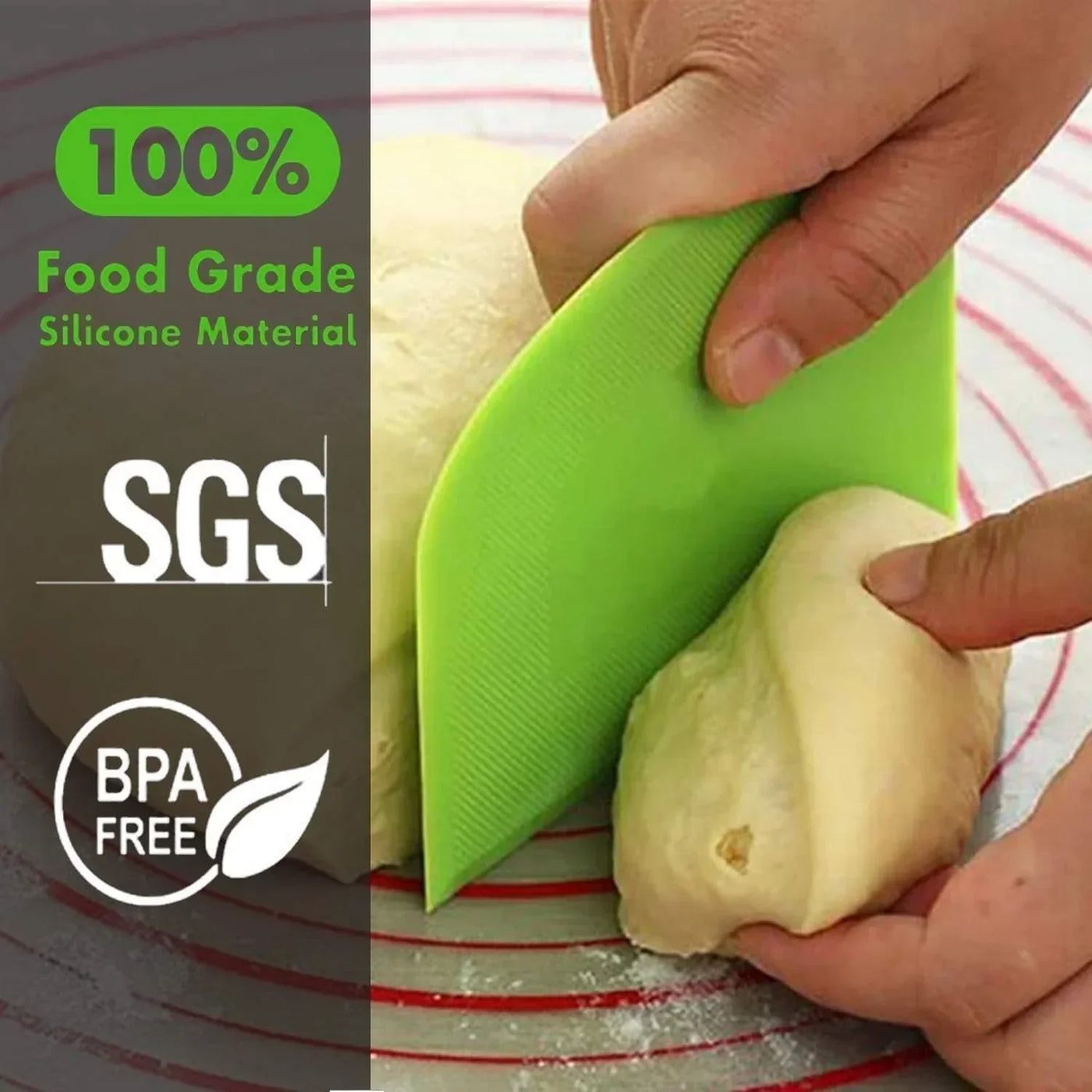 Green silicone dough scraper cutting bread dough on striped mat, food grade BPA free