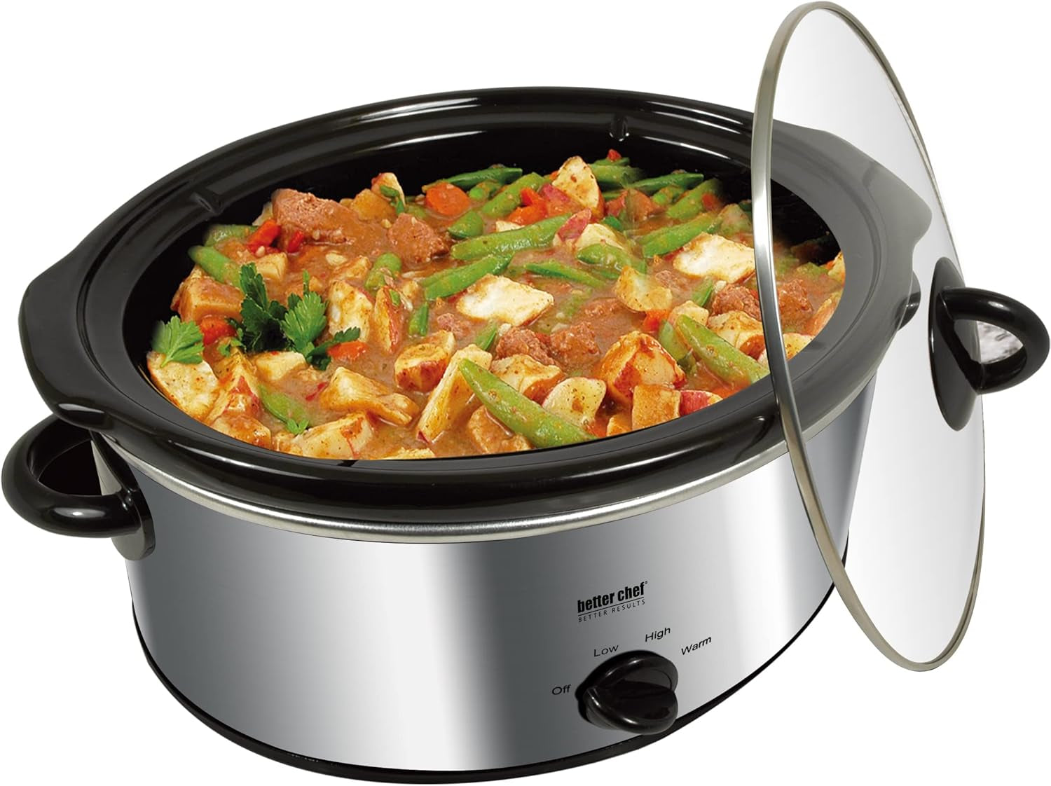 Oval Slow Cooker | 3-Quart | 3-Tempature Settings | Side Handles | Glass Lid | Enamel Stoneware Insert (Stainless-Steel)