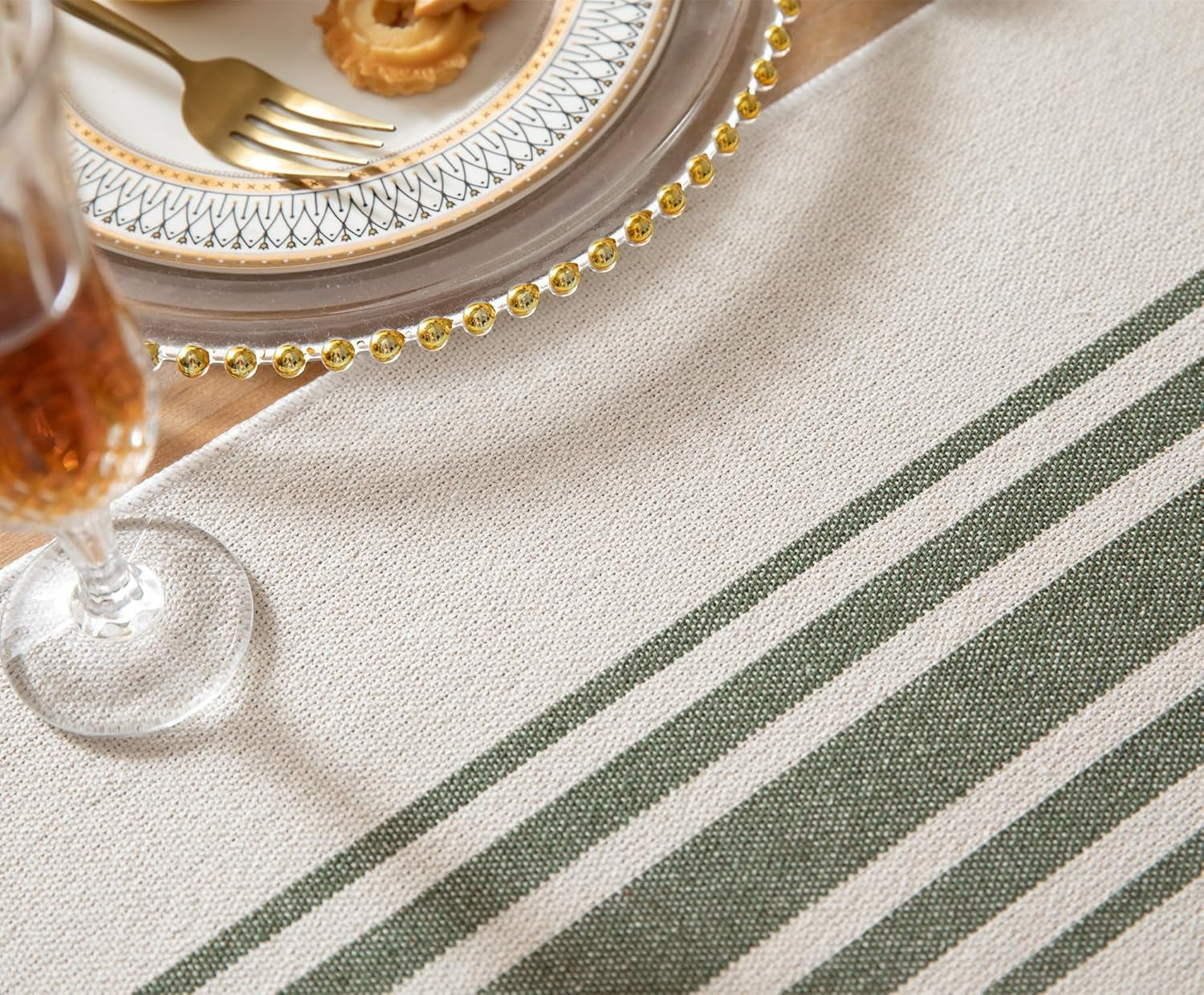 Boho Table Runner for Modern Farmhouse Decor, Dining Table Décor 13 X 72 Inch Long with Handcrafted Tassels, Green and Beige Stripe Table Runner for Home Boho Décor