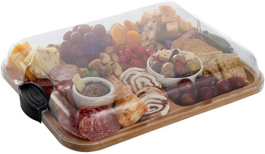 Build-A-Board Bamboo Cutting Board with Built-In Compartments & Clear Locking Lid, Black Handles – Charcuterie, Snack Tray, Food Prep and Serving Platter