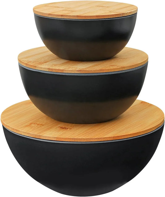 Sustainable Salad Bowls Set with Wooden Lids (3 Bowls + 3 Lids) – Eco-Friendly, Multi-Purpose Mixing and Serving Bowls for Kitchen, Food Prep, and Storage