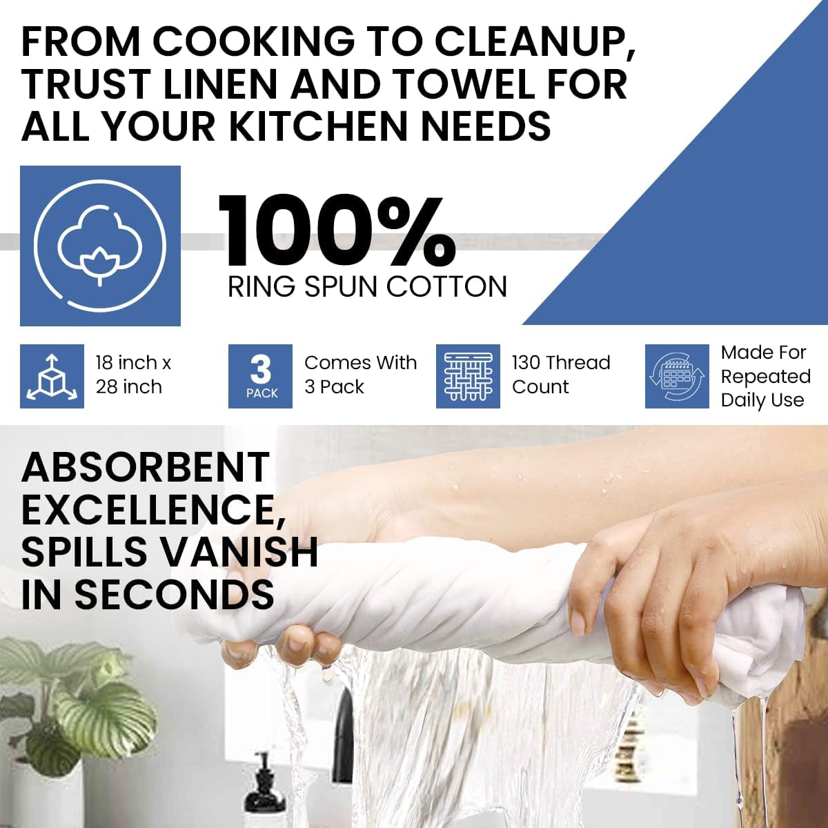 Flour Sack Towels - 100% Cotton Tea Towels for Crafts, Dish Towels for Kitchen, Embroidery, Cleaning, Baking (Pack of 3) - 18"X 28"