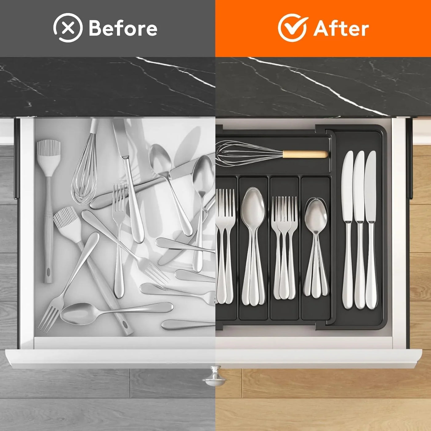 Silverware Drawer Organizer, Expandable Utensil Tray for Kitchen, BPA Free Flatware and Cutlery Holder, Adjustable Plastic Storage for Spoons Forks Knives, 8.5-14 X 12", Black