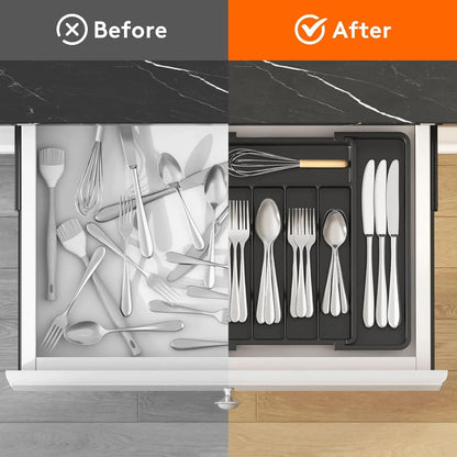 Silverware Drawer Organizer, Expandable Utensil Tray for Kitchen, BPA Free Flatware and Cutlery Holder, Adjustable Plastic Storage for Spoons Forks Knives, 8.5-14 X 12", Black