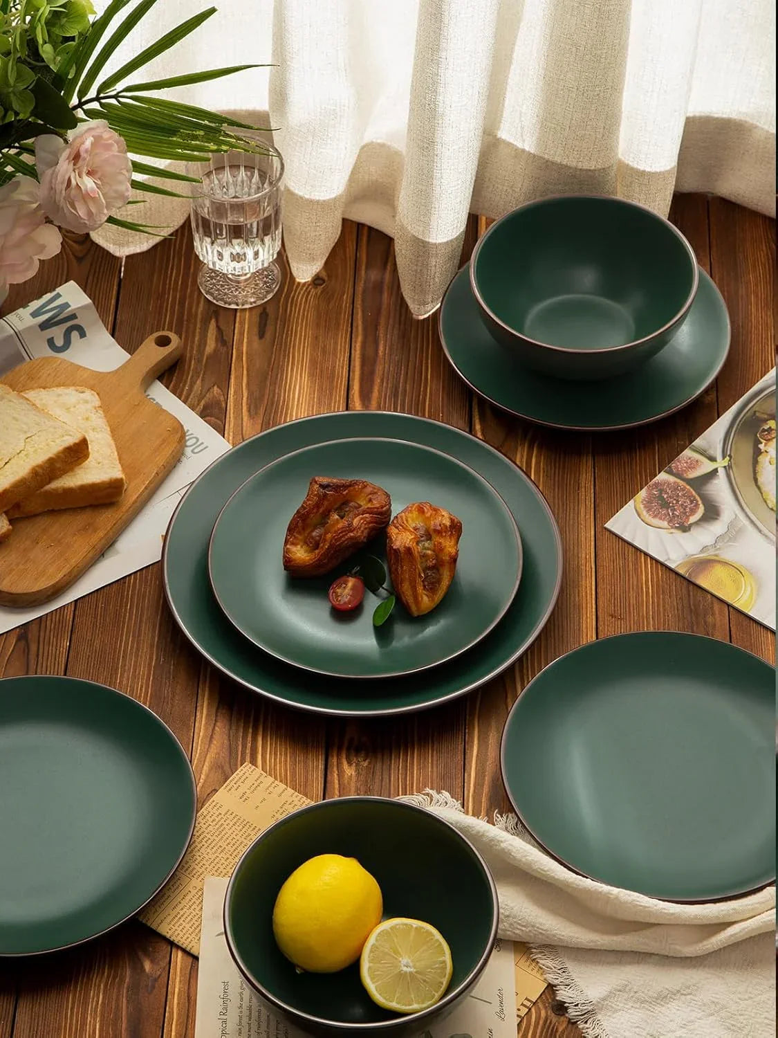Venus 12-Piece Plates and Bowls Sets with Trim for 4, Stoneware Dinnerware Set, Modern Minimalist Dishes for Everyday & Formal Use, Chip Resistant, Microwave/Dishwasher Safe, Matte Dark Green