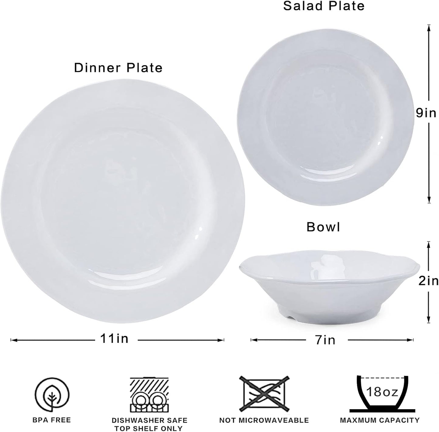 Basic White Melamine Dinnerware Sets, 18 Piece Melamine Dishes Set, Service for 6, Plates and Bowls Sets Great for Indoor and Outdoor Use, Dishwasher Safe…