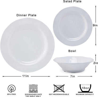 Basic White Melamine Dinnerware Sets, 18 Piece Melamine Dishes Set, Service for 6, Plates and Bowls Sets Great for Indoor and Outdoor Use, Dishwasher Safe…