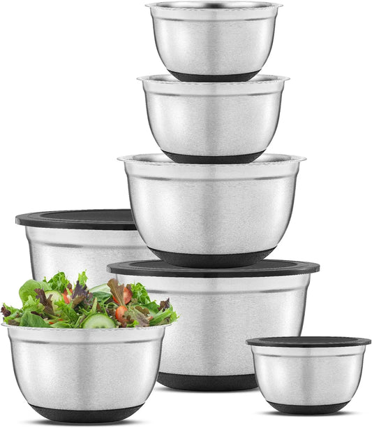 Stainless Steel Mixing Bowls with Airtight Lids, 7 Piece Nesting Bowls Set for Kitchen with Measurement Marks, Non-Slip Bottoms, Cooking, Baking, Prepping, Storage, 7/5/4/3/1.5/1/.75QT, Black