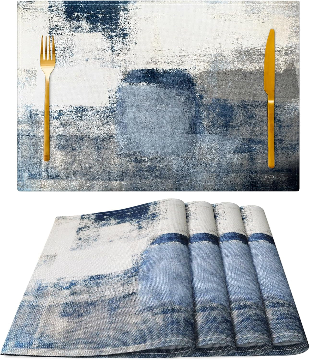 Blue and Gray Placemats Washable, Linen Rectangular Place Mats Set of 4, Dining Table Decor for Living Room, Kitchen, Farmhouse and Outdoor (White Gray, 12X18 Inch)