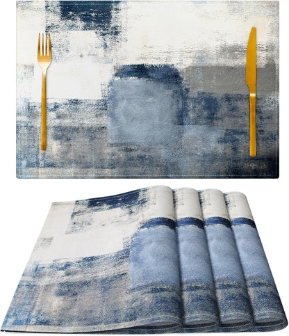 Blue and Gray Placemats Washable, Linen Rectangular Place Mats Set of 4, Dining Table Decor for Living Room, Kitchen, Farmhouse and Outdoor (White Gray, 12X18 Inch)