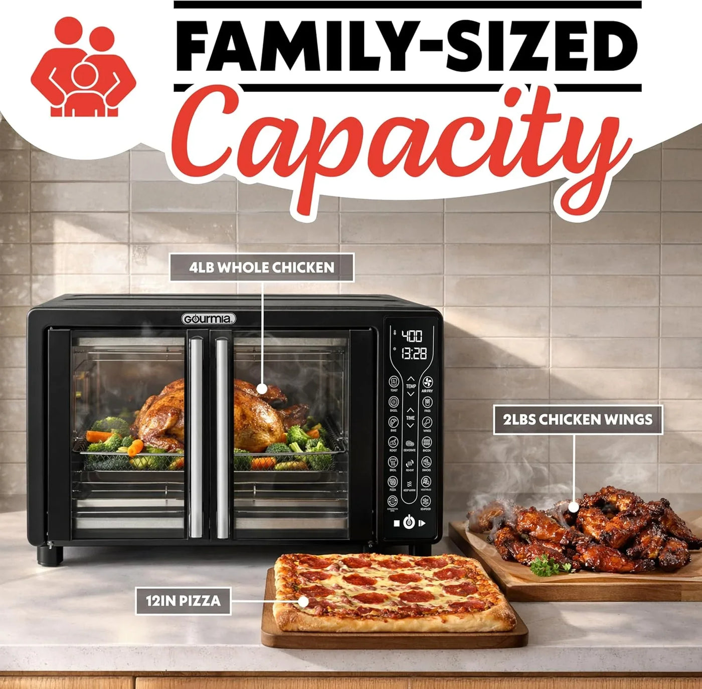 French Door Air Fryer – 25 Qt Large Capacity Convection Oven, Fryforce 360°, Digital Display with 17 Cooking Presets, Bake, Toast, Roast, Dehydrate, Fits 12” Pizza