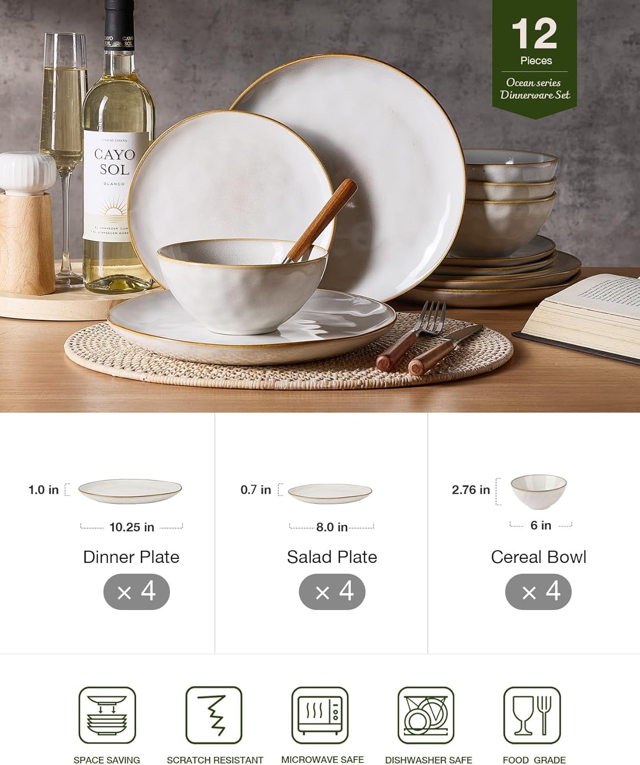 Dinnerware Sets for 4, Ocean round 12-Piece Kitchen Plates and Bowls Sets, Reactive Glaze, Microwave and Dishwasher Safe, Scratch Resistant, Cappuccino White