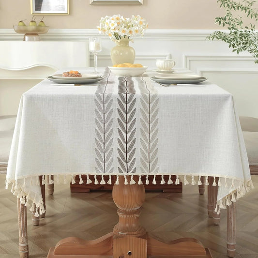 Cotton Linen Waterproof Tablecloth for Dining Table Farmhouse Kitchen Rectangle Table Cloth Coffee Wrinkle Free Cover, Beige, Wine Leaf, 55X70 Inch