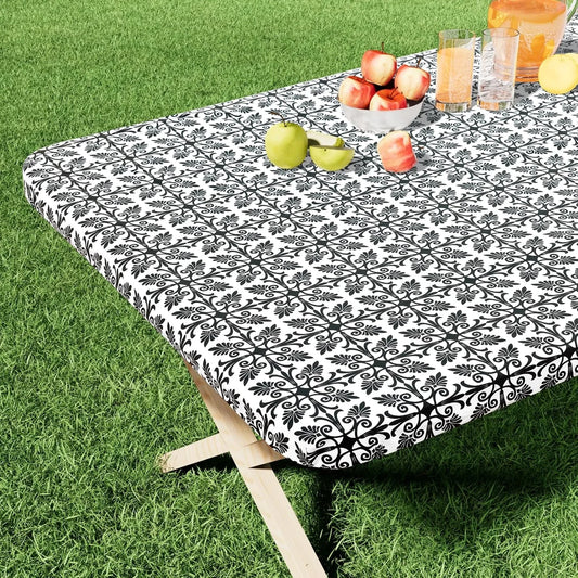 Rectangle Vinyl Table Cloth, Elastic Fitted Flannel Backed Tablecloth, 100% Waterproof Plastic Table Cover Fits 6 Foot Folding Tables for Easter, Picnic, Camping, Outdoor (Black, 30" X 72")