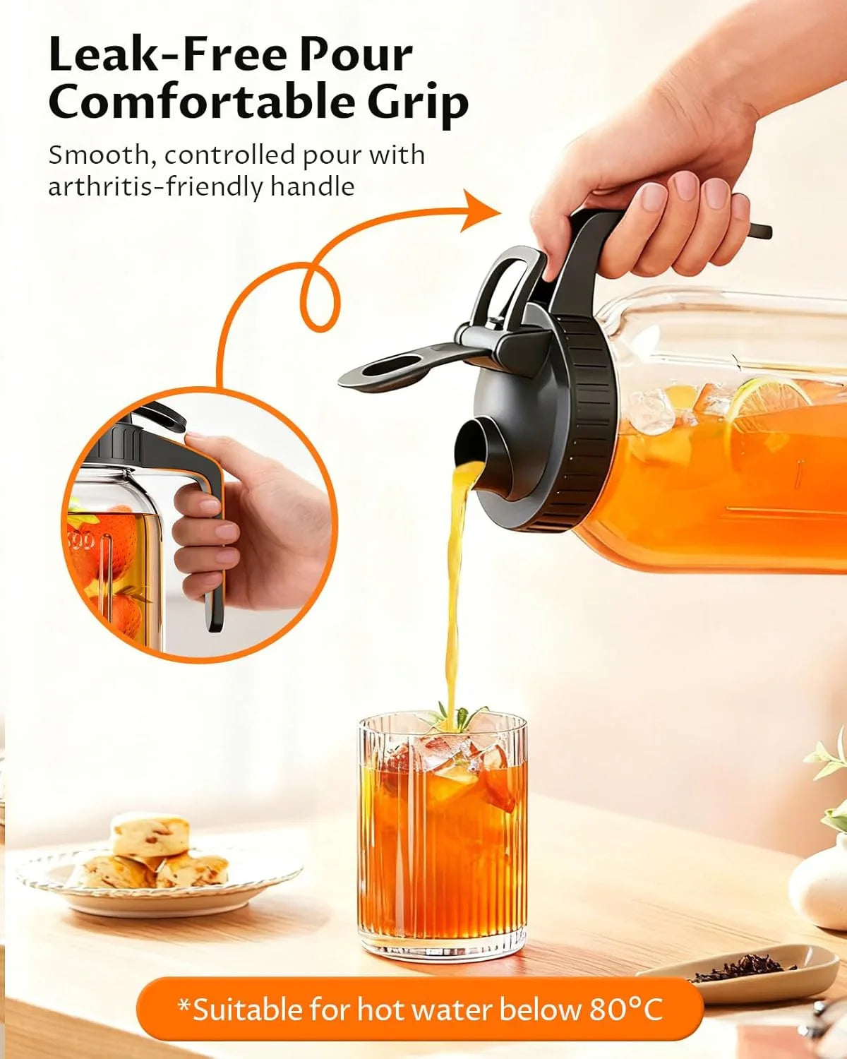 64 Oz Mason Jar Pitcher – Airtight & Leakproof Glass Pitcher with Lid, Perfect for Iced Tae, Sun Tea, Cold Brew, Breastmilk, 2 Quart (1/2 Gallon) Mason Jar with Pour Spout Lid Flip-Cap & Handle