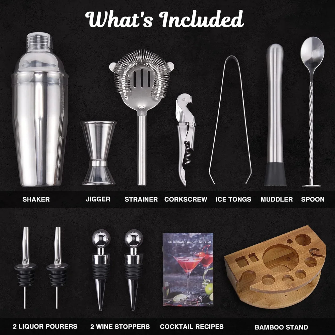 Bartender Kit with Bamboo Stand, 12 Piece 25Oz Cocktail Shaker Set with All Essential Bar Tools Set for Drink Mixing, Ideal Gifts for Cocktail Lovers, Home Bar Bartending Kit with Cocktail Recipes