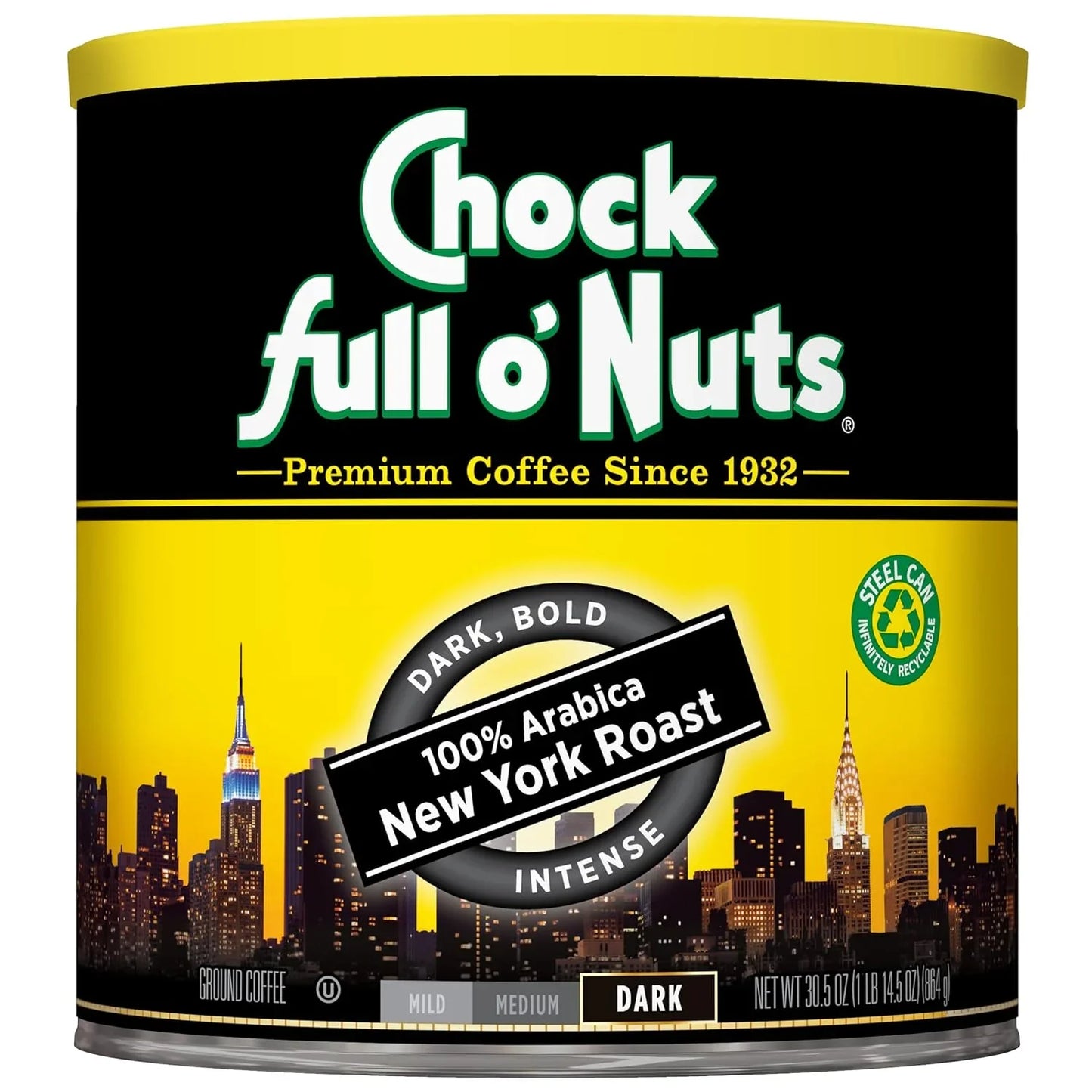New York Roast Ground Coffee – Premium Beans in Recyclable Steel Can – Rich Flavor & Aroma, Dark Roast – Perfect for Drip, Pour-Over, Percolator – 30.5 Oz Can